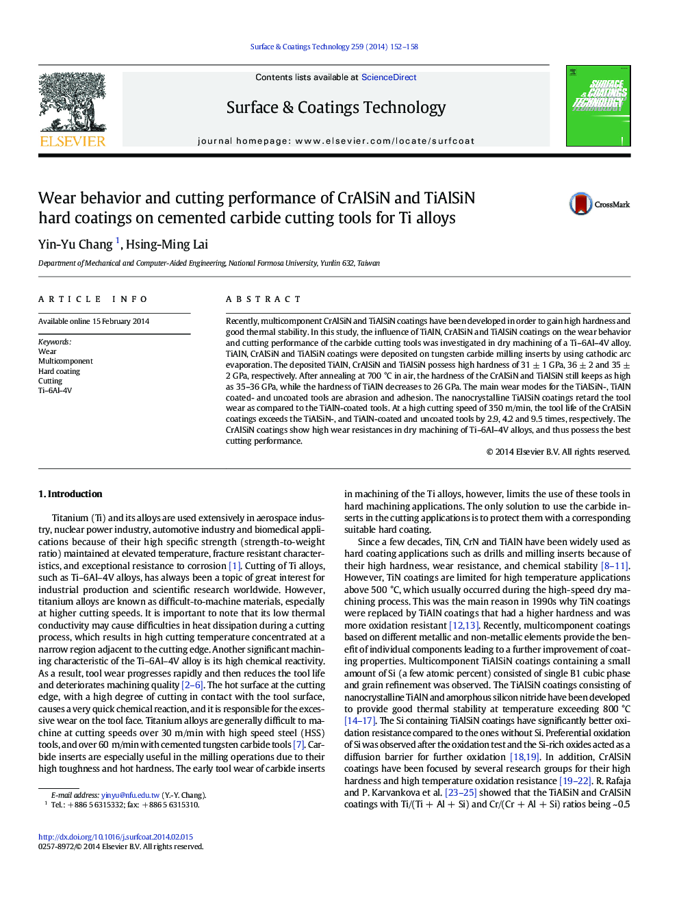 Wear behavior and cutting performance of CrAlSiN and TiAlSiN hard coatings on cemented carbide cutting tools for Ti alloys