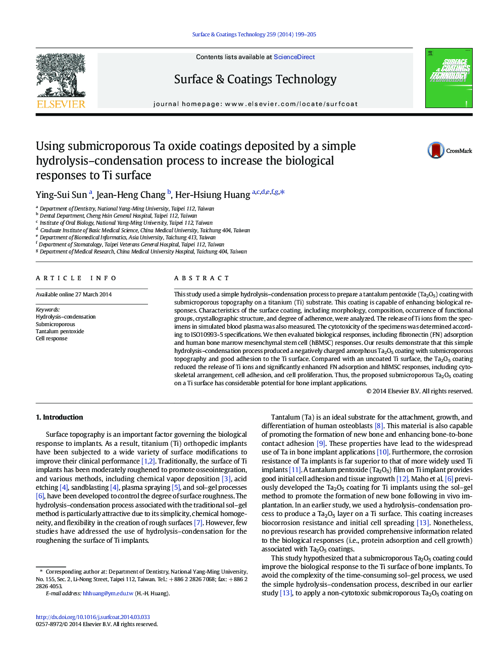 Using submicroporous Ta oxide coatings deposited by a simple hydrolysis–condensation process to increase the biological responses to Ti surface