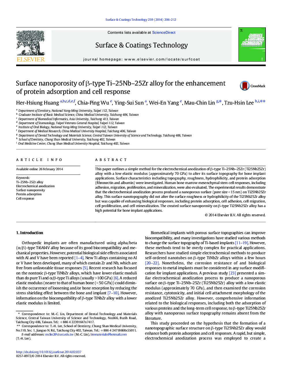 Surface nanoporosity of β-type Ti–25Nb–25Zr alloy for the enhancement of protein adsorption and cell response