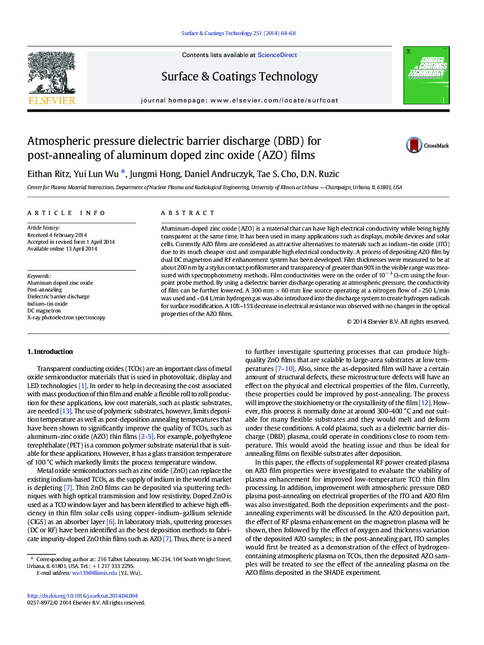 Atmospheric pressure dielectric barrier discharge (DBD) for post-annealing of aluminum doped zinc oxide (AZO) films