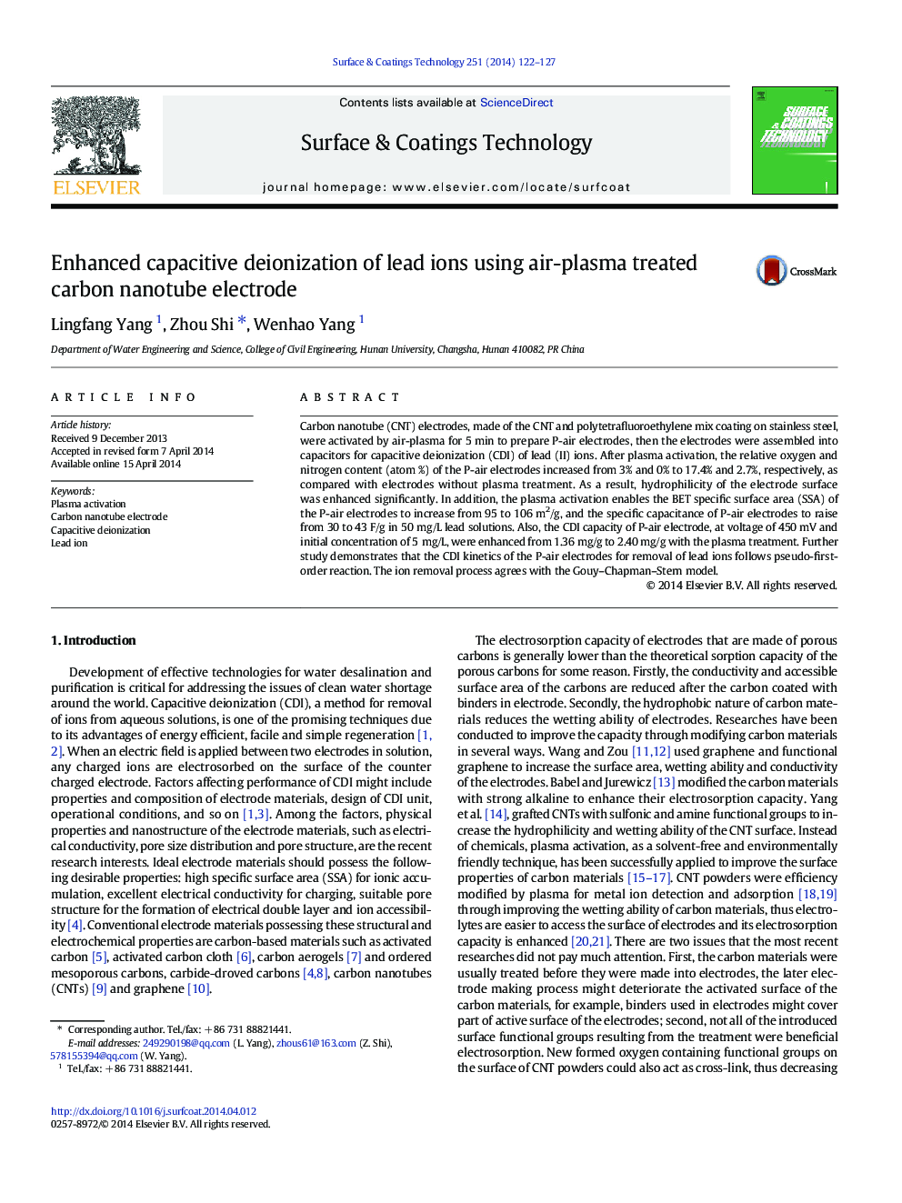 Enhanced capacitive deionization of lead ions using air-plasma treated carbon nanotube electrode