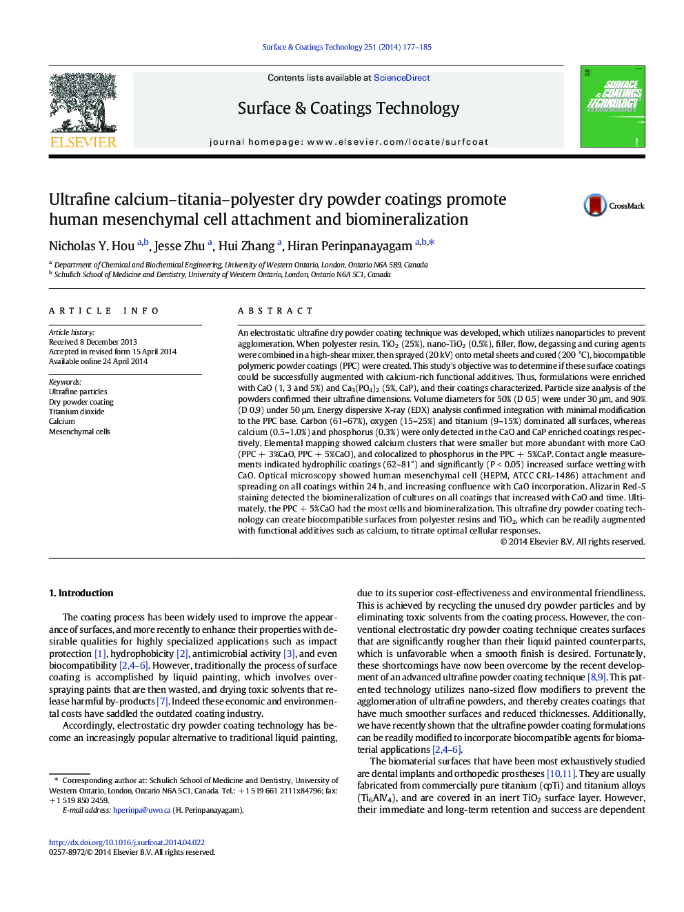 Ultrafine calcium–titania–polyester dry powder coatings promote human mesenchymal cell attachment and biomineralization