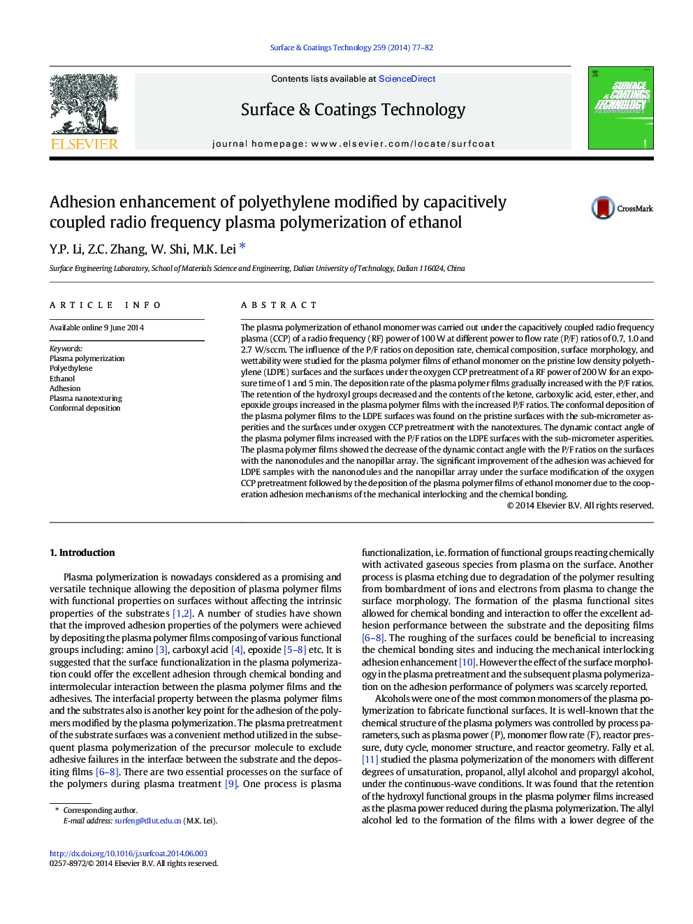 Adhesion enhancement of polyethylene modified by capacitively coupled radio frequency plasma polymerization of ethanol