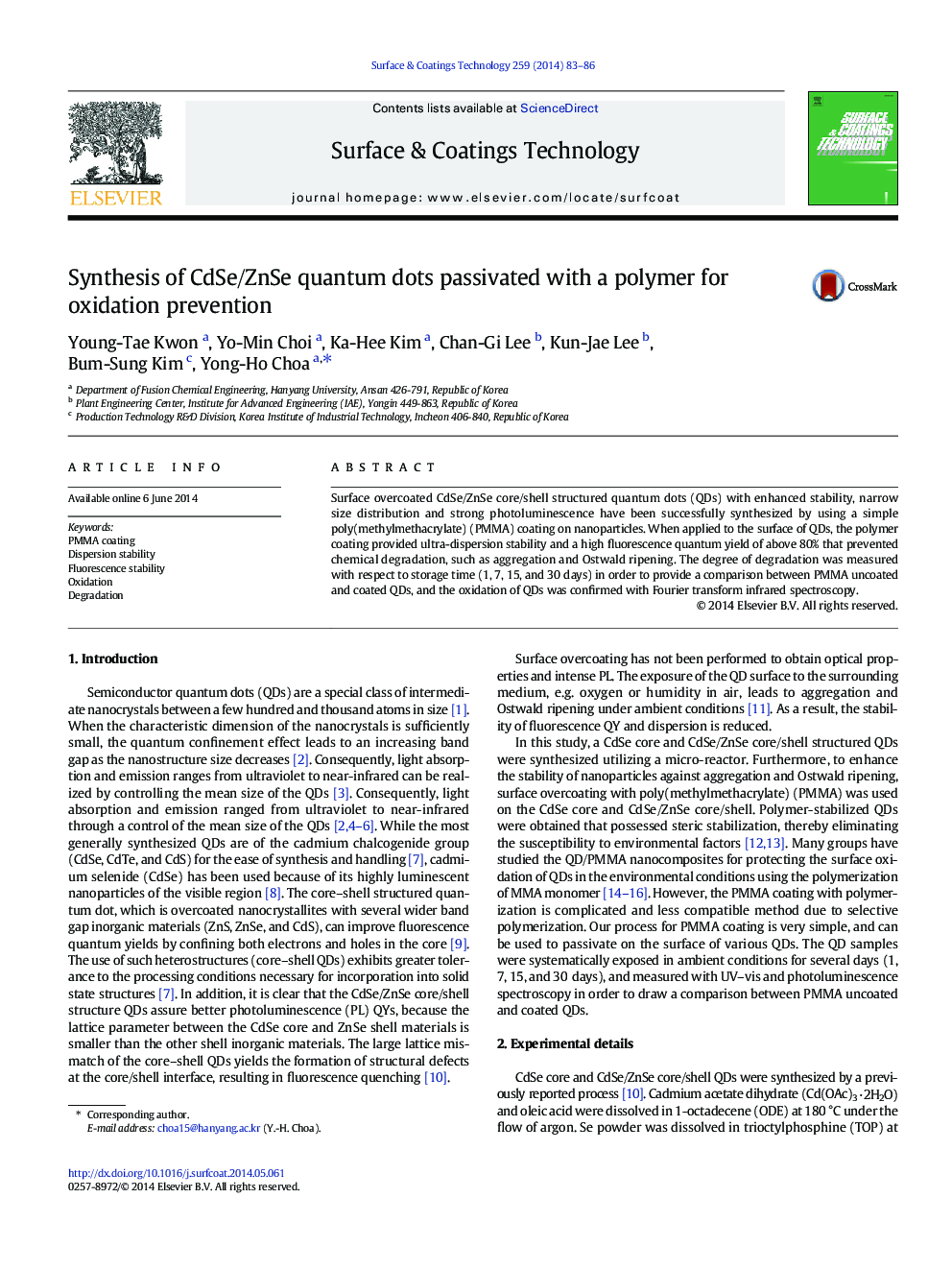 Synthesis of CdSe/ZnSe quantum dots passivated with a polymer for oxidation prevention