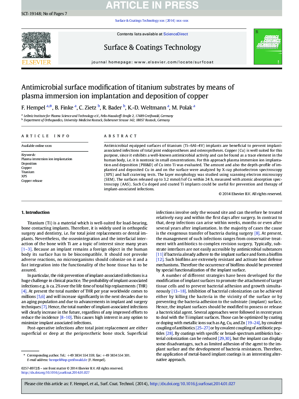 Antimicrobial surface modification of titanium substrates by means of plasma immersion ion implantation and deposition of copper