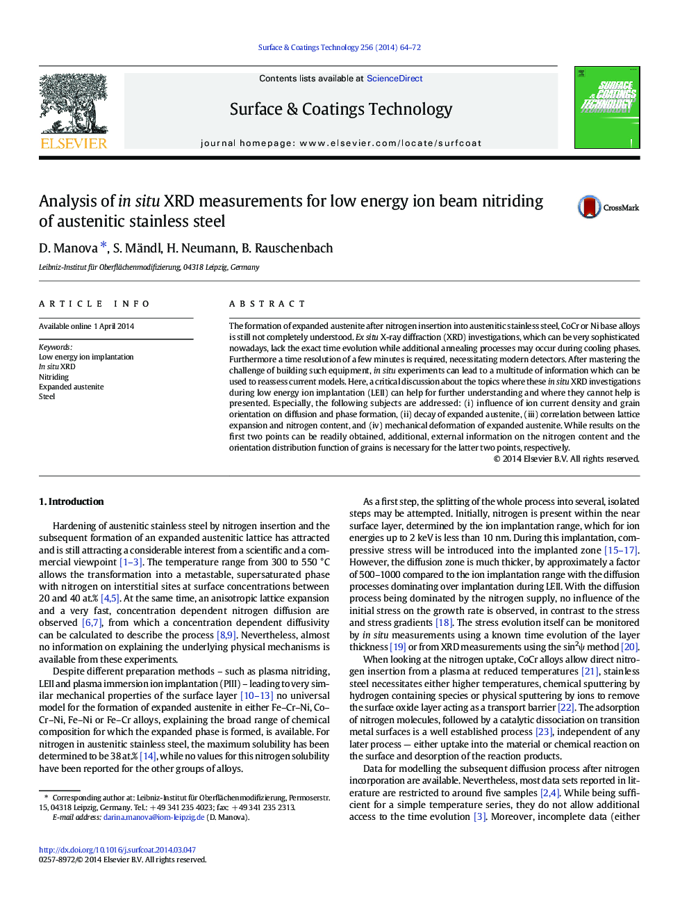 Analysis of in situ XRD measurements for low energy ion beam nitriding of austenitic stainless steel