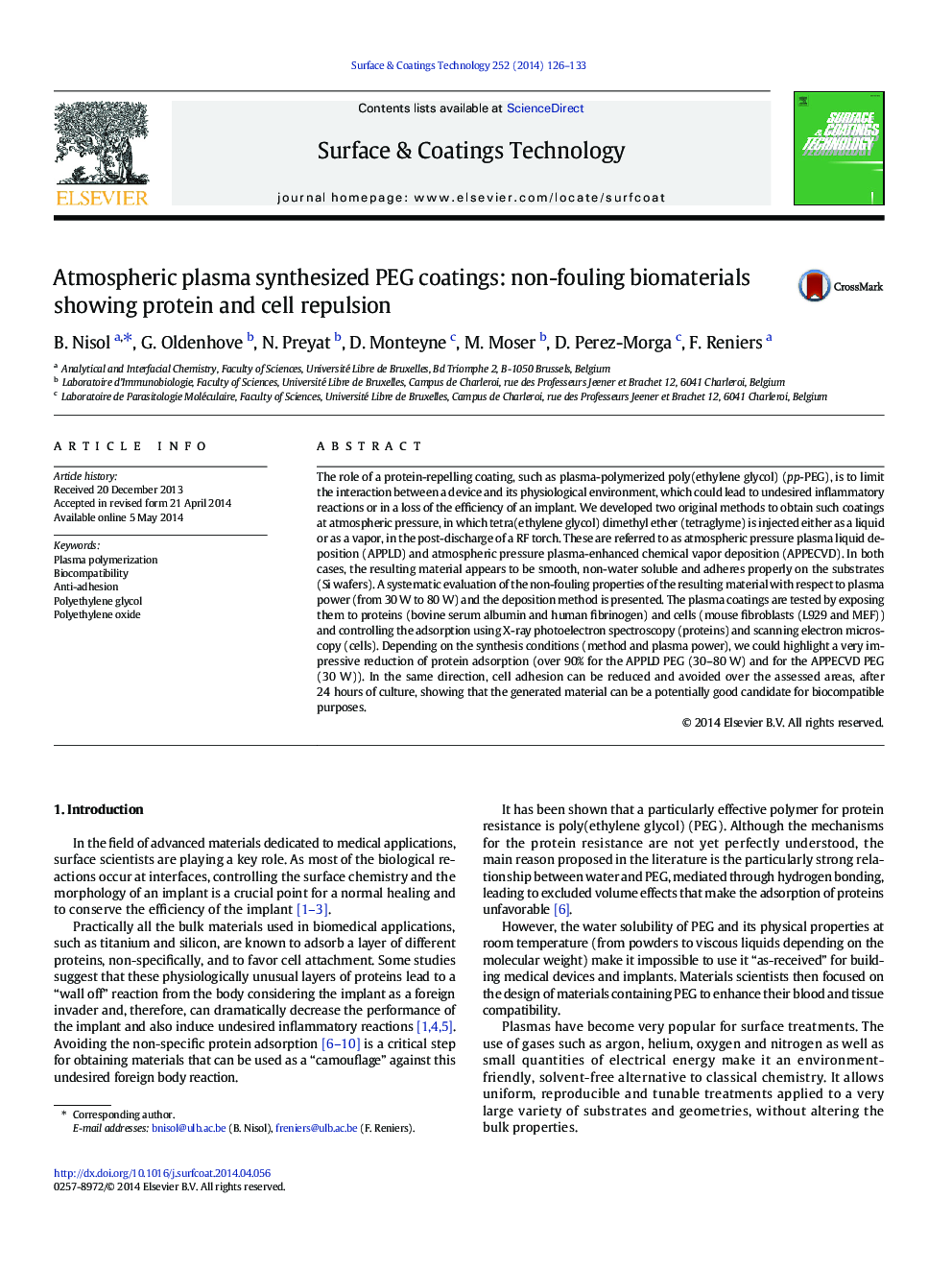 Atmospheric plasma synthesized PEG coatings: non-fouling biomaterials showing protein and cell repulsion