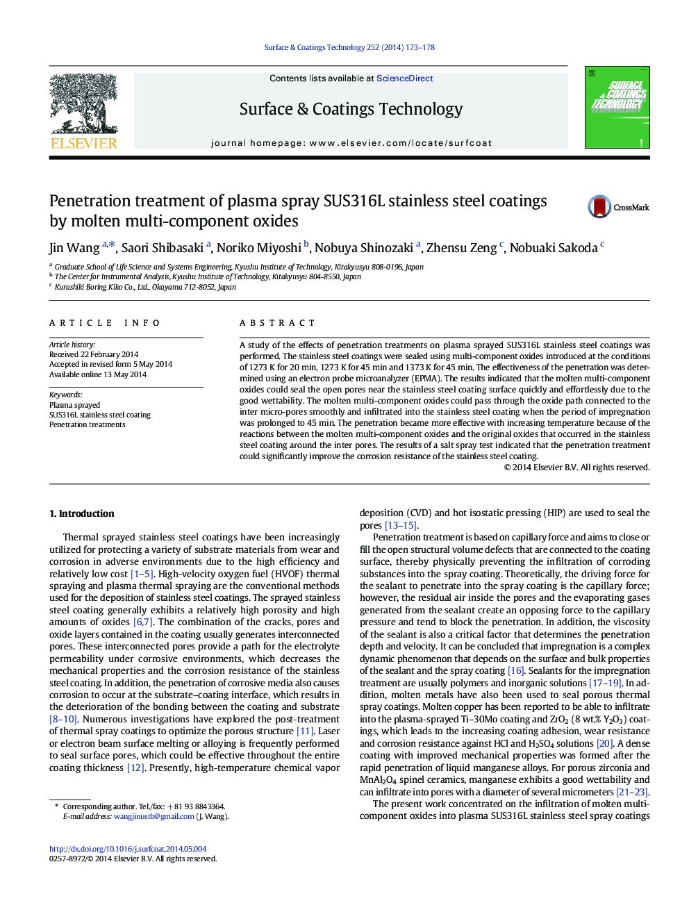 Penetration treatment of plasma spray SUS316L stainless steel coatings by molten multi-component oxides