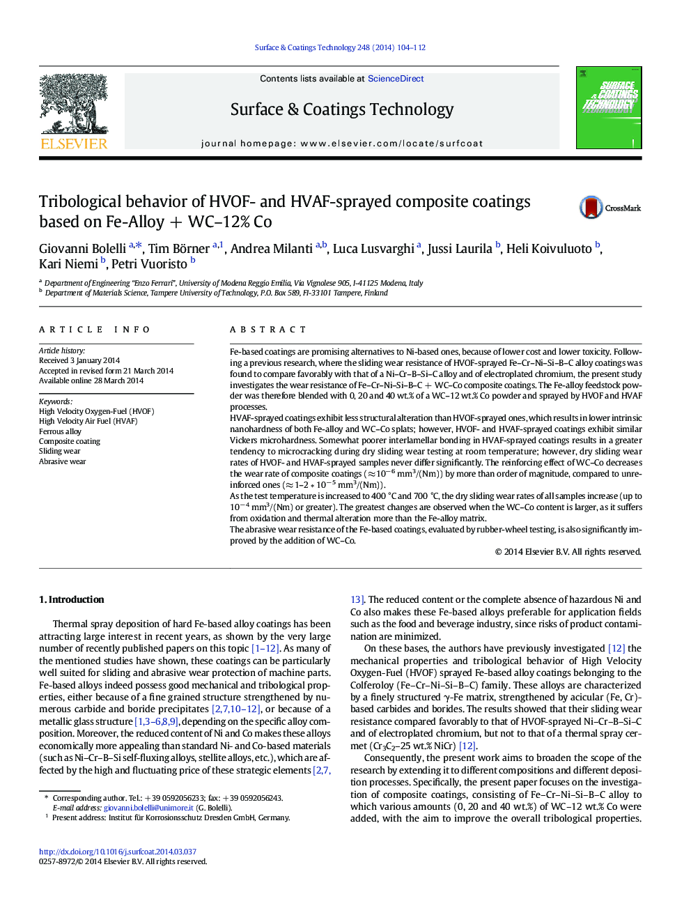 Tribological behavior of HVOF- and HVAF-sprayed composite coatings based on Fe-Alloy + WC–12% Co