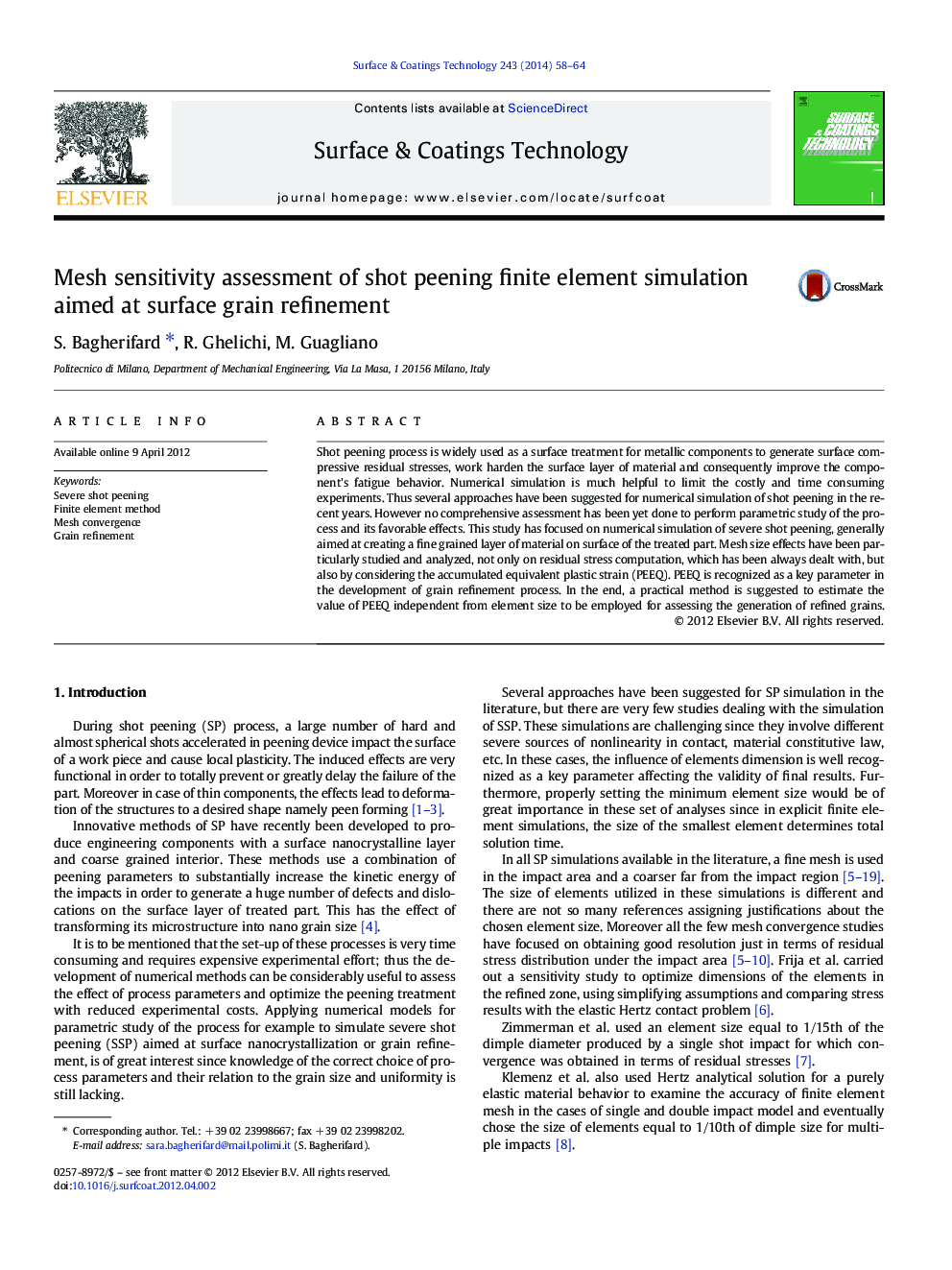 Mesh sensitivity assessment of shot peening finite element simulation aimed at surface grain refinement