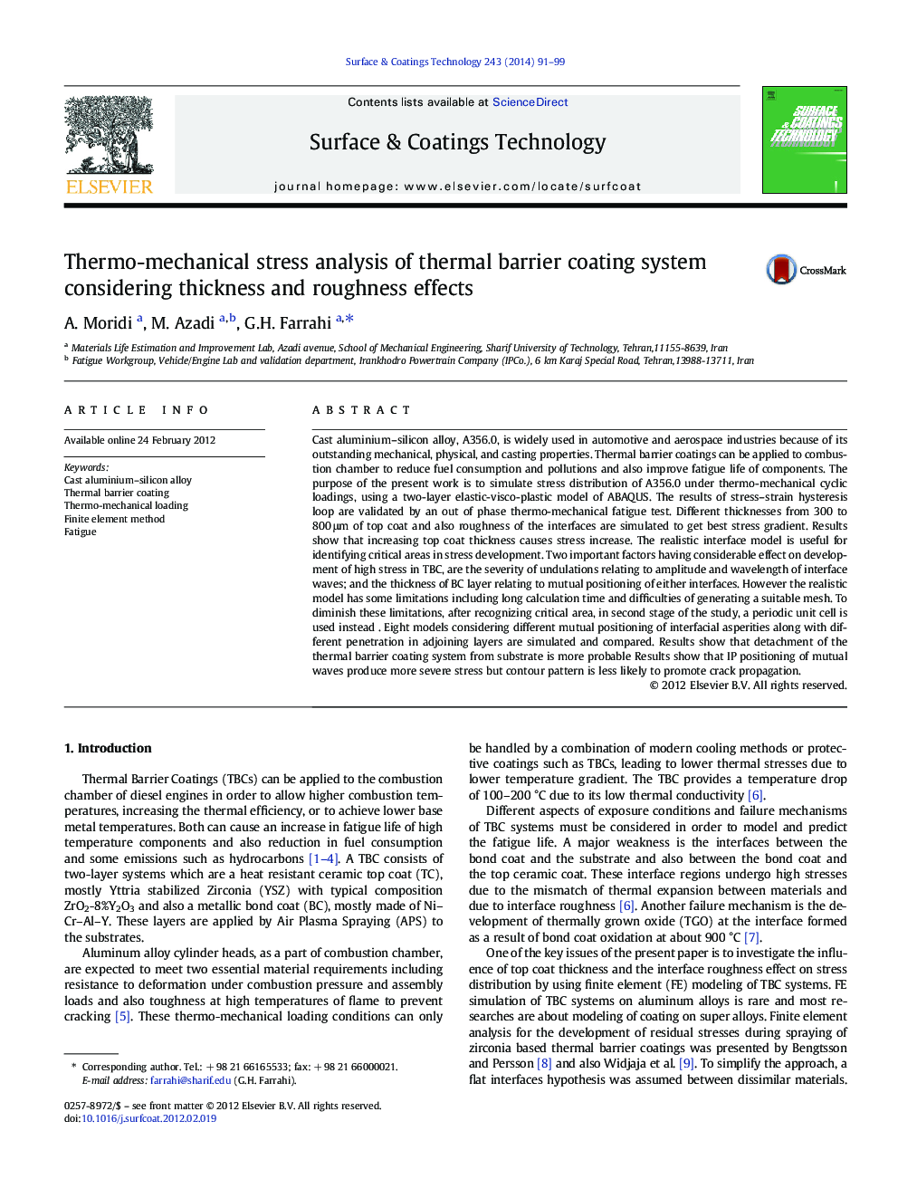 Thermo-mechanical stress analysis of thermal barrier coating system considering thickness and roughness effects