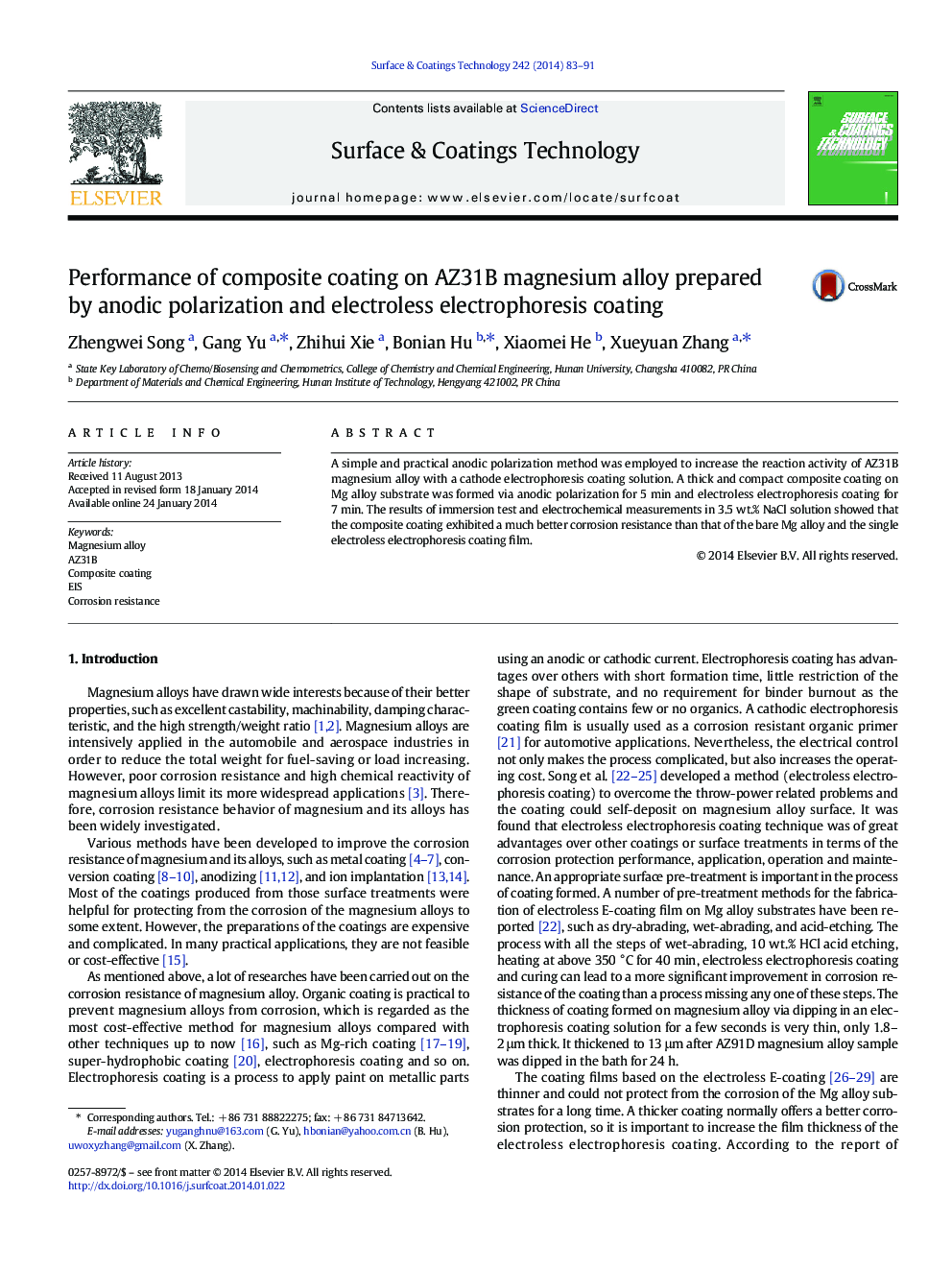 Performance of composite coating on AZ31B magnesium alloy prepared by anodic polarization and electroless electrophoresis coating