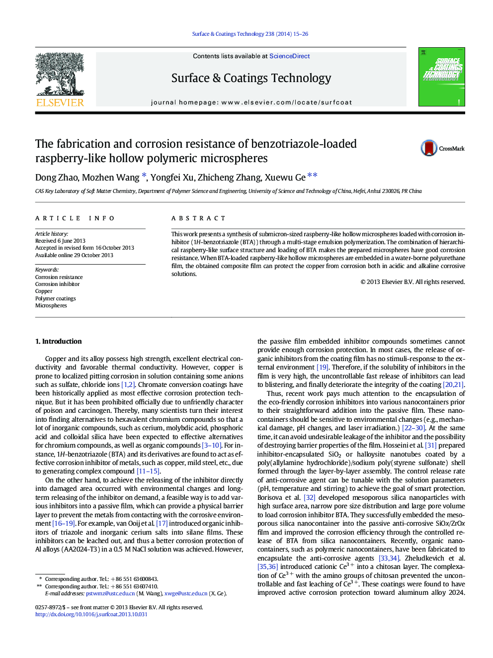 The fabrication and corrosion resistance of benzotriazole-loaded raspberry-like hollow polymeric microspheres