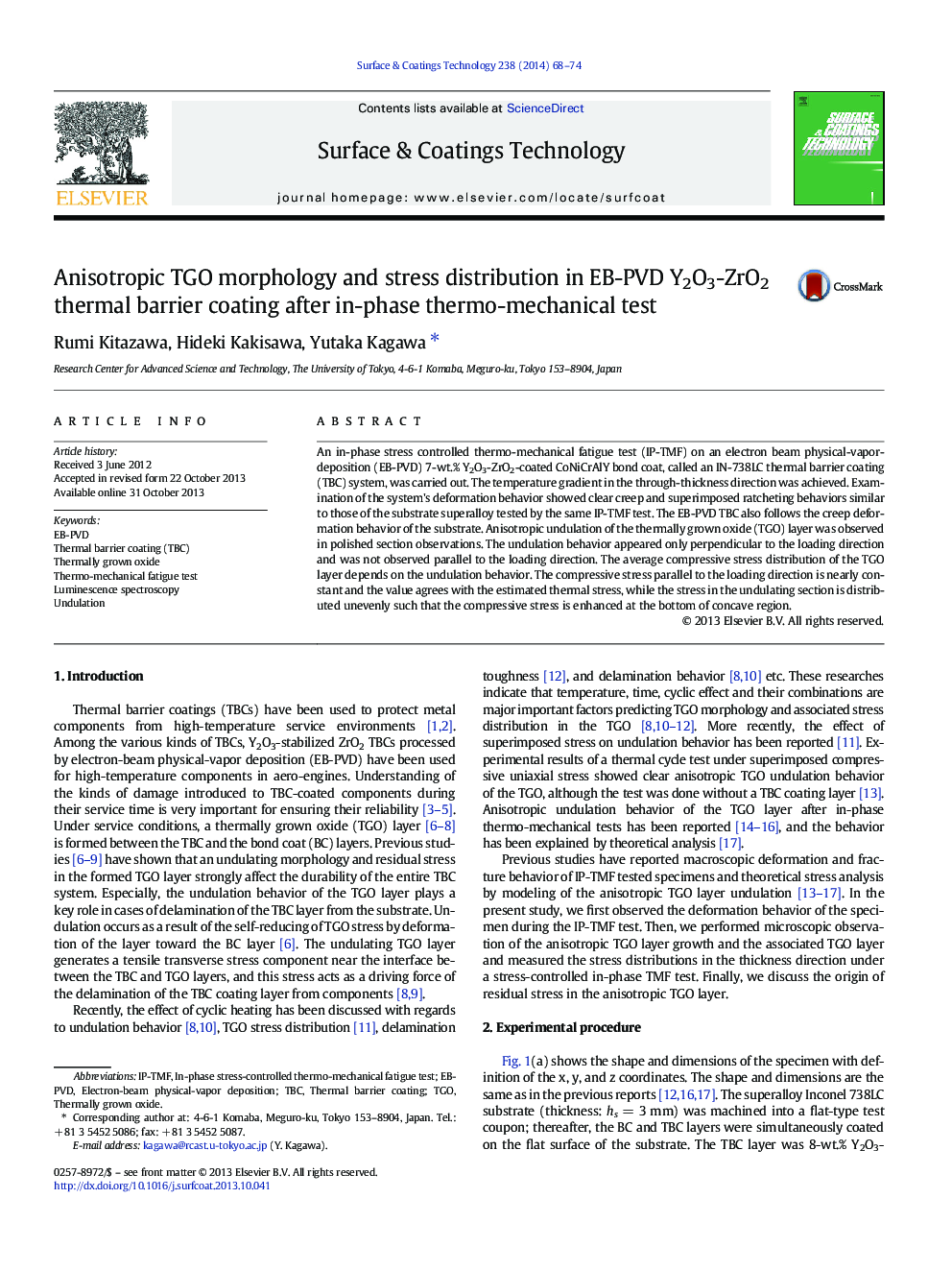 Anisotropic TGO morphology and stress distribution in EB-PVD Y2O3-ZrO2 thermal barrier coating after in-phase thermo-mechanical test