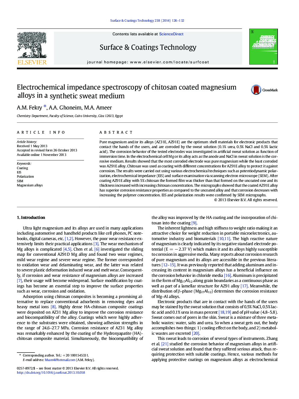 Electrochemical impedance spectroscopy of chitosan coated magnesium alloys in a synthetic sweat medium