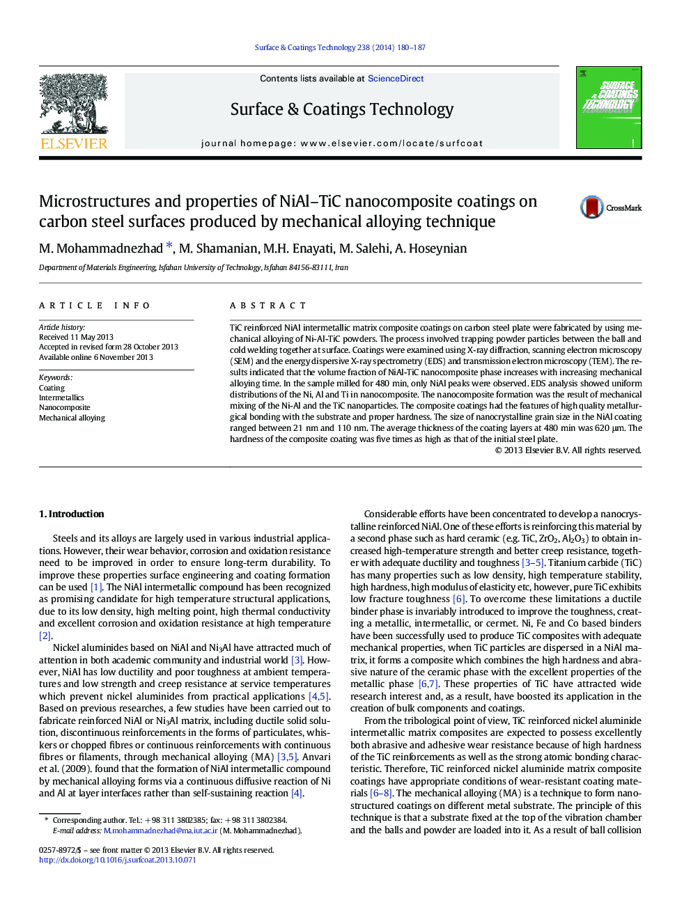 Microstructures and properties of NiAl-TiC nanocomposite coatings on carbon steel surfaces produced by mechanical alloying technique