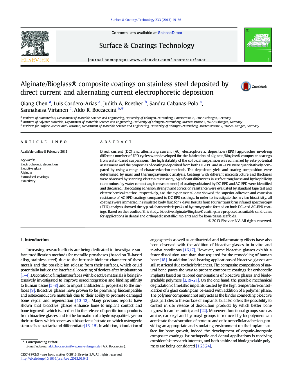 Alginate/Bioglass® composite coatings on stainless steel deposited by direct current and alternating current electrophoretic deposition