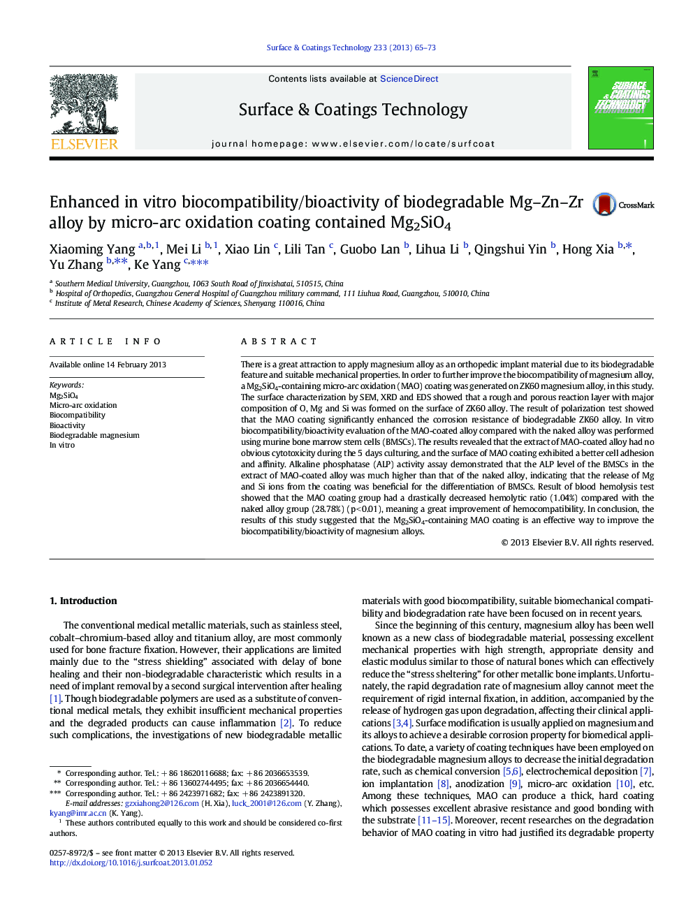Enhanced in vitro biocompatibility/bioactivity of biodegradable Mg-Zn-Zr alloy by micro-arc oxidation coating contained Mg2SiO4