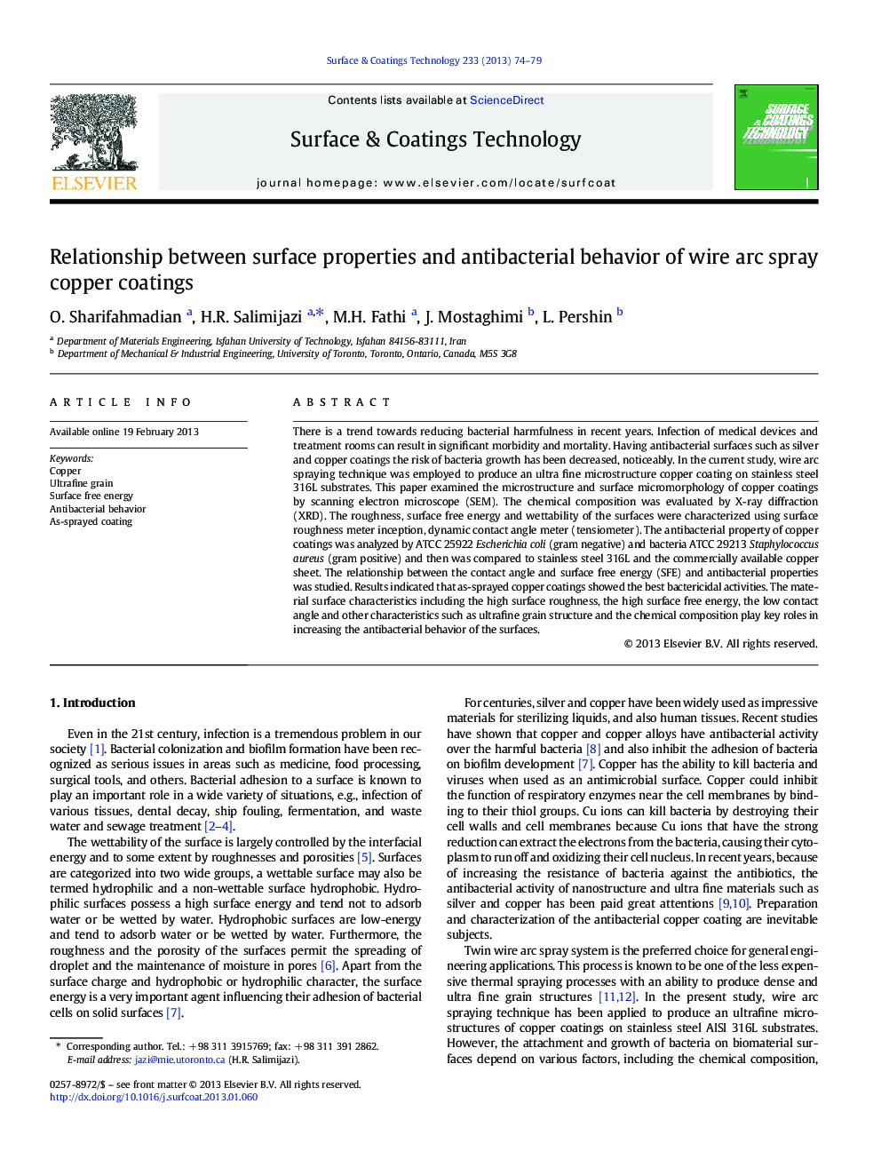 Relationship between surface properties and antibacterial behavior of wire arc spray copper coatings