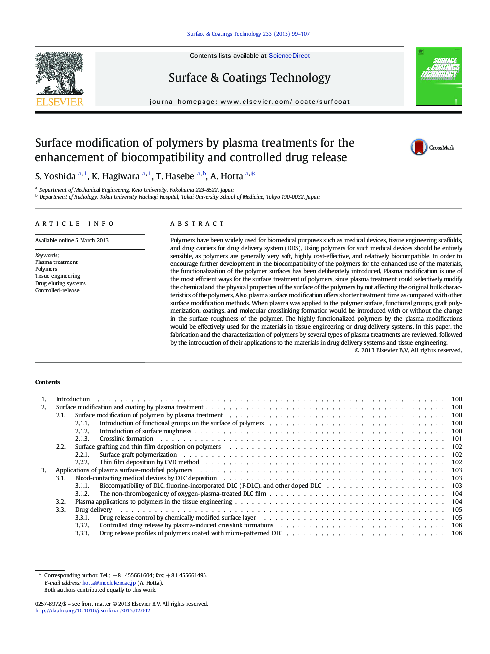 Surface modification of polymers by plasma treatments for the enhancement of biocompatibility and controlled drug release