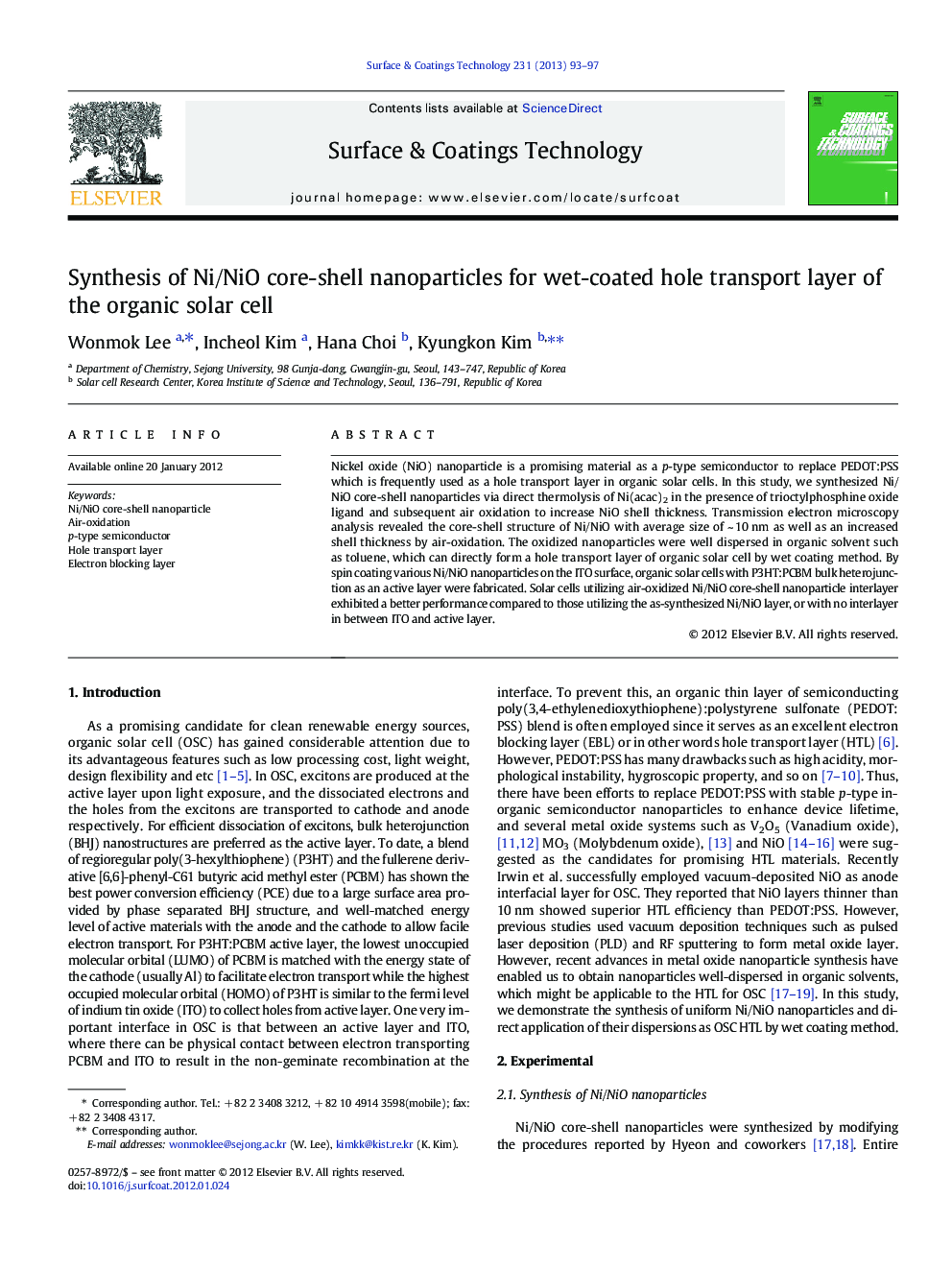 Synthesis of Ni/NiO core-shell nanoparticles for wet-coated hole transport layer of the organic solar cell