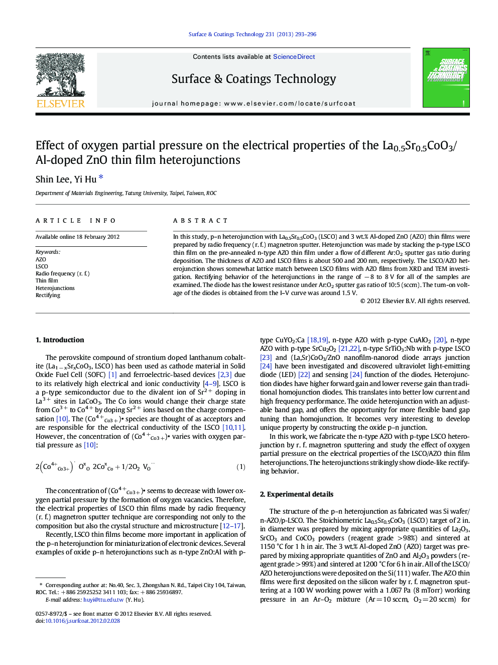 Effect of oxygen partial pressure on the electrical properties of the La0.5Sr0.5CoO3/Al-doped ZnO thin film heterojunctions