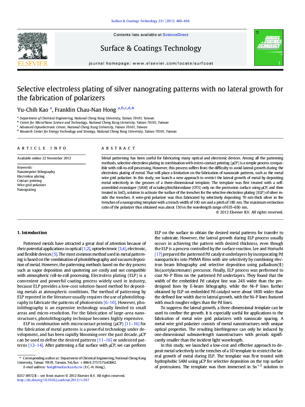 عکس صفحه اول مقاله: Selective electroless plating of silver nanograting patterns with no lateral growth for the fabrication of polarizers Selective electroless plating of silver nanograting patterns with no lateral growth for the fabrication of polarizers
