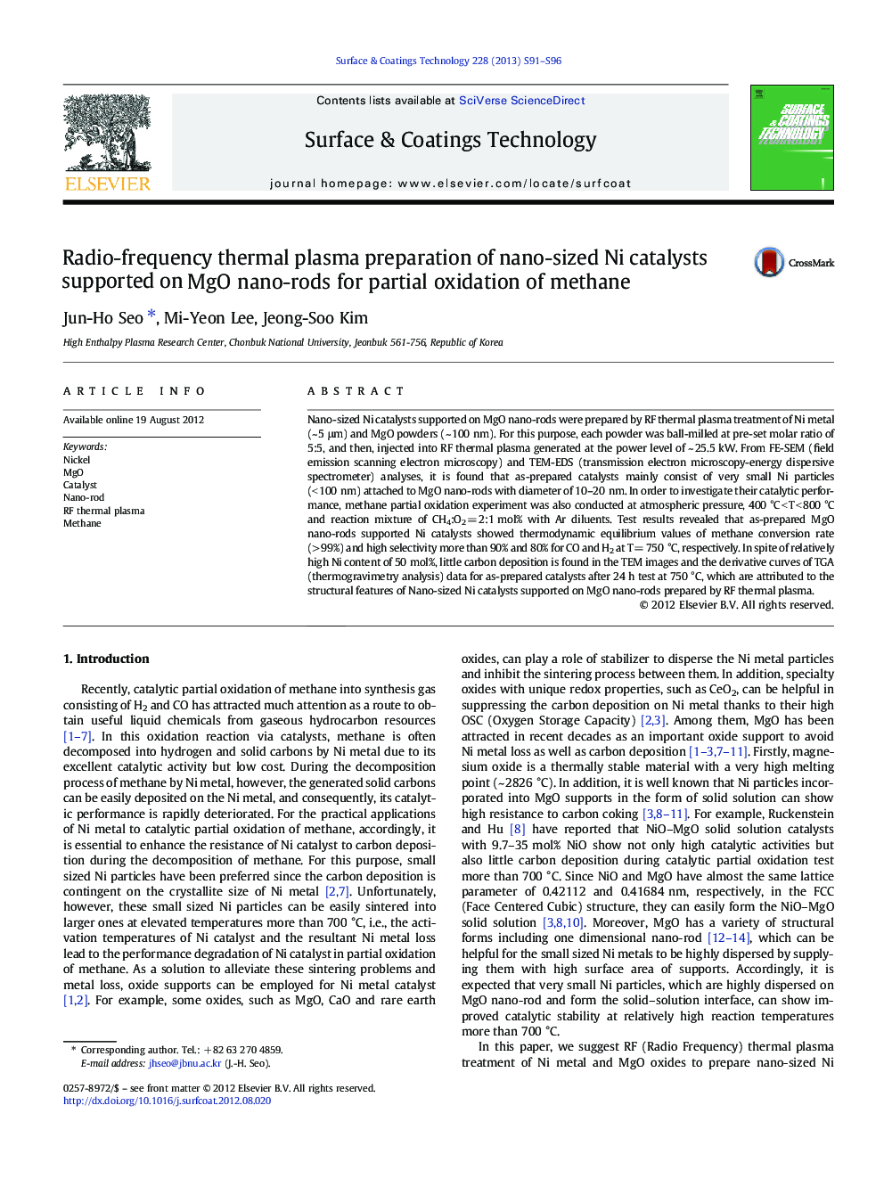 Radio-frequency thermal plasma preparation of nano-sized Ni catalysts supported on MgO nano-rods for partial oxidation of methane