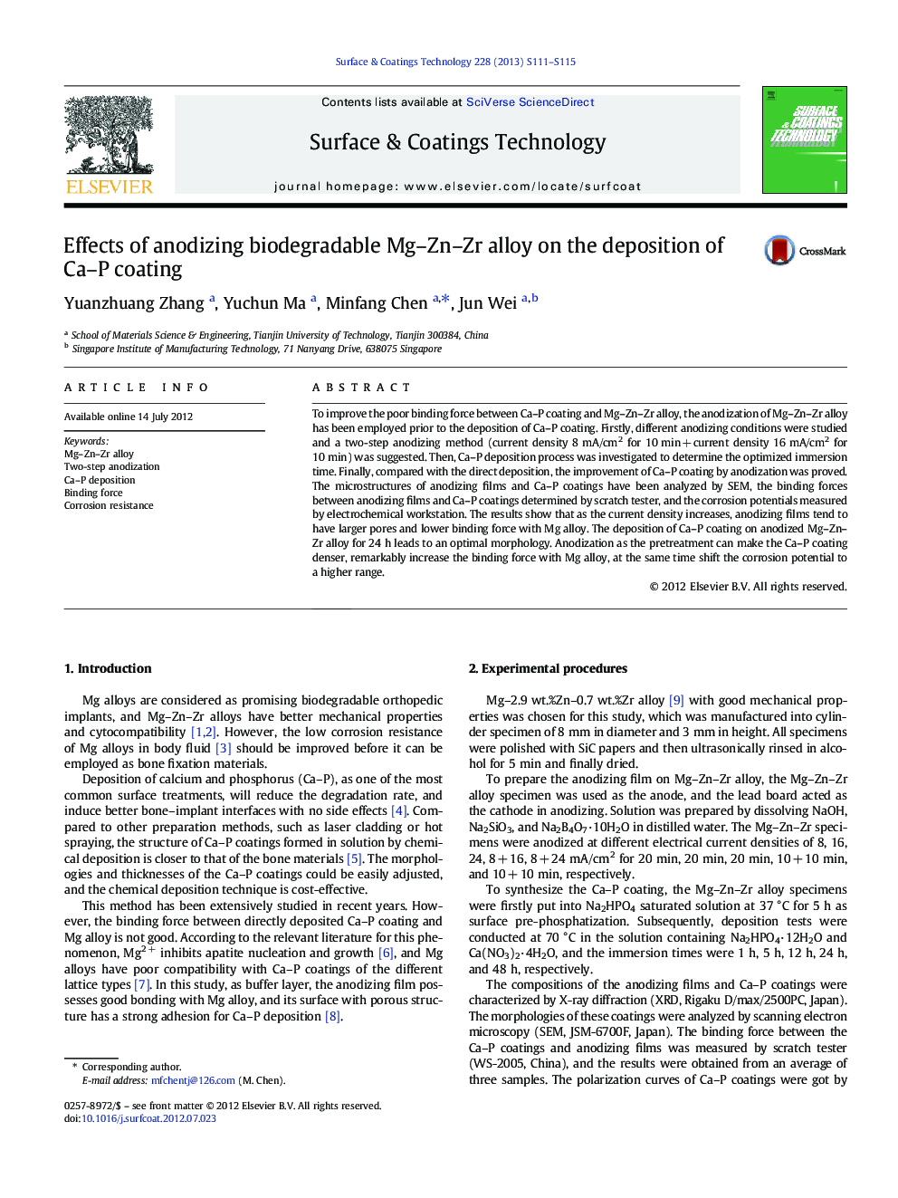 Effects of anodizing biodegradable Mg-Zn-Zr alloy on the deposition of Ca-P coating