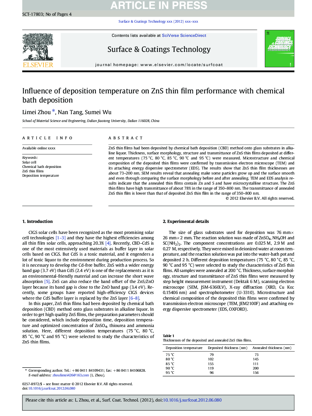 Influence of deposition temperature on ZnS thin film performance with chemical bath deposition