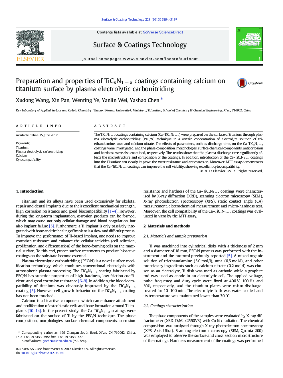 Preparation and properties of TiCxN1 − x coatings containing calcium on titanium surface by plasma electrolytic carbonitriding