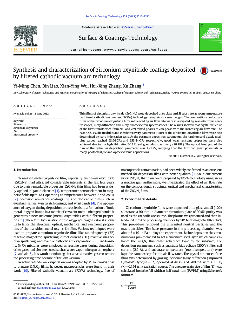 Synthesis and characterization of zirconium oxynitride coatings deposited by filtered cathodic vacuum arc technology