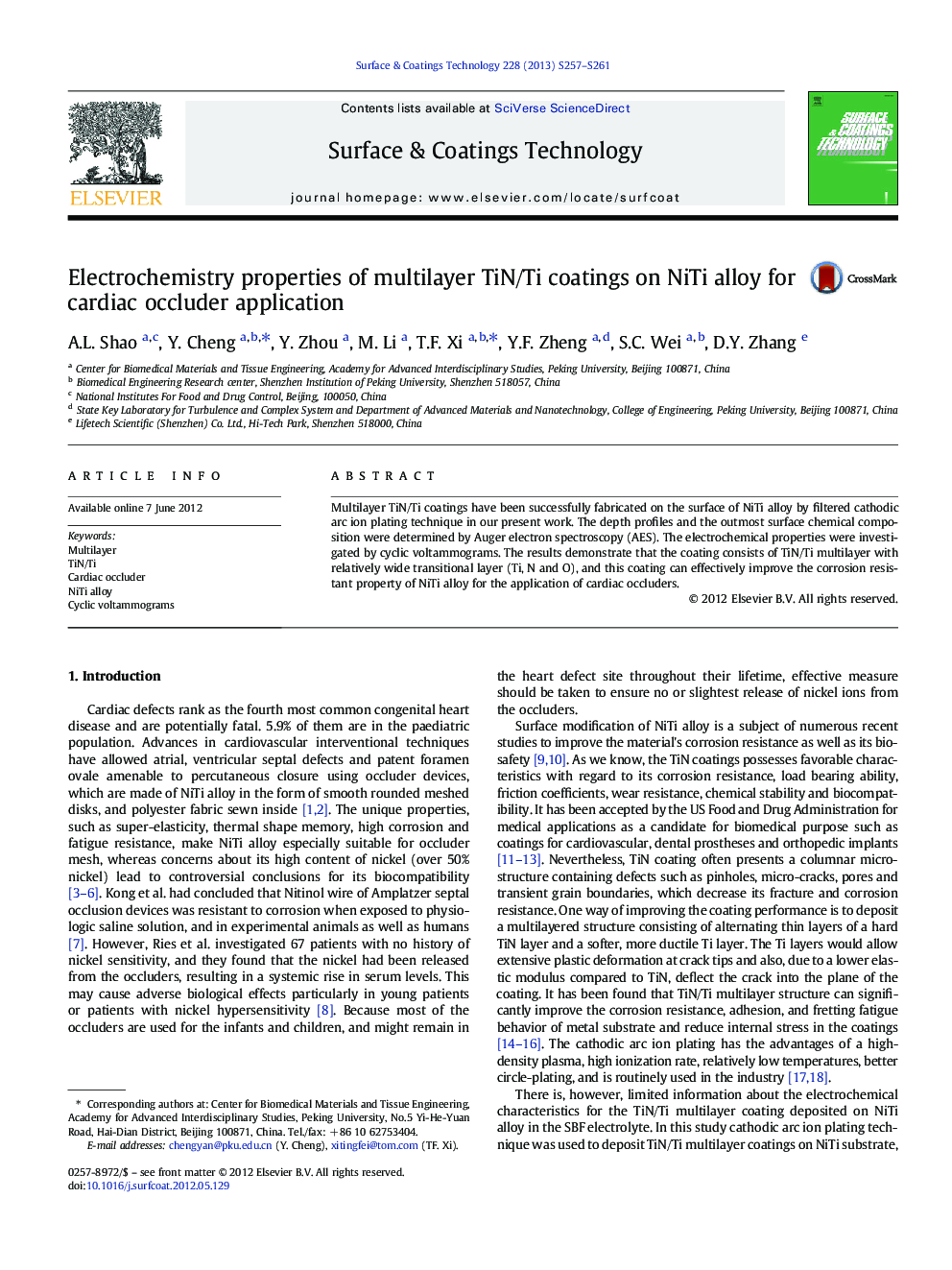 Electrochemistry properties of multilayer TiN/Ti coatings on NiTi alloy for cardiac occluder application