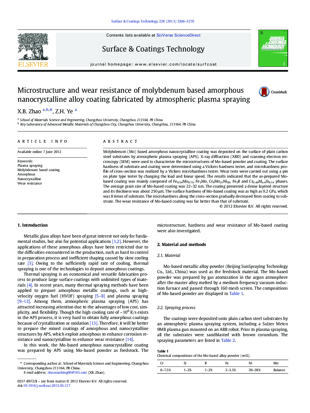 عکس صفحه اول مقاله: Microstructure and wear resistance of molybdenum based amorphous nanocrystalline alloy coating fabricated by atmospheric plasma spraying Microstructure and wear resistance of molybdenum based amorphous nanocrystalline alloy coating fabricated by atmospheric plasma spraying