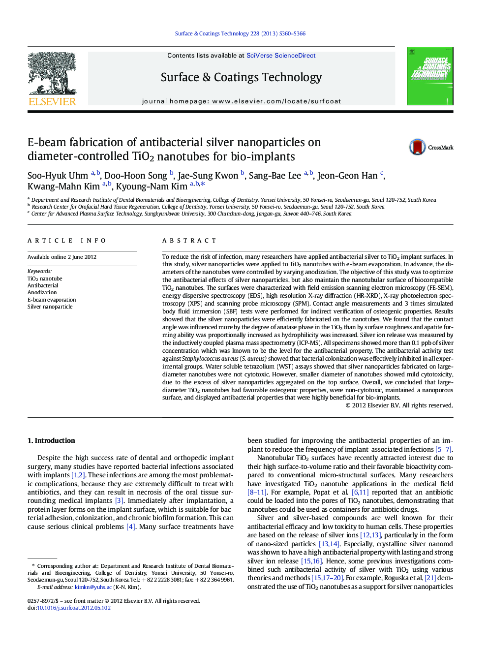 E-beam fabrication of antibacterial silver nanoparticles on diameter-controlled TiO2 nanotubes for bio-implants