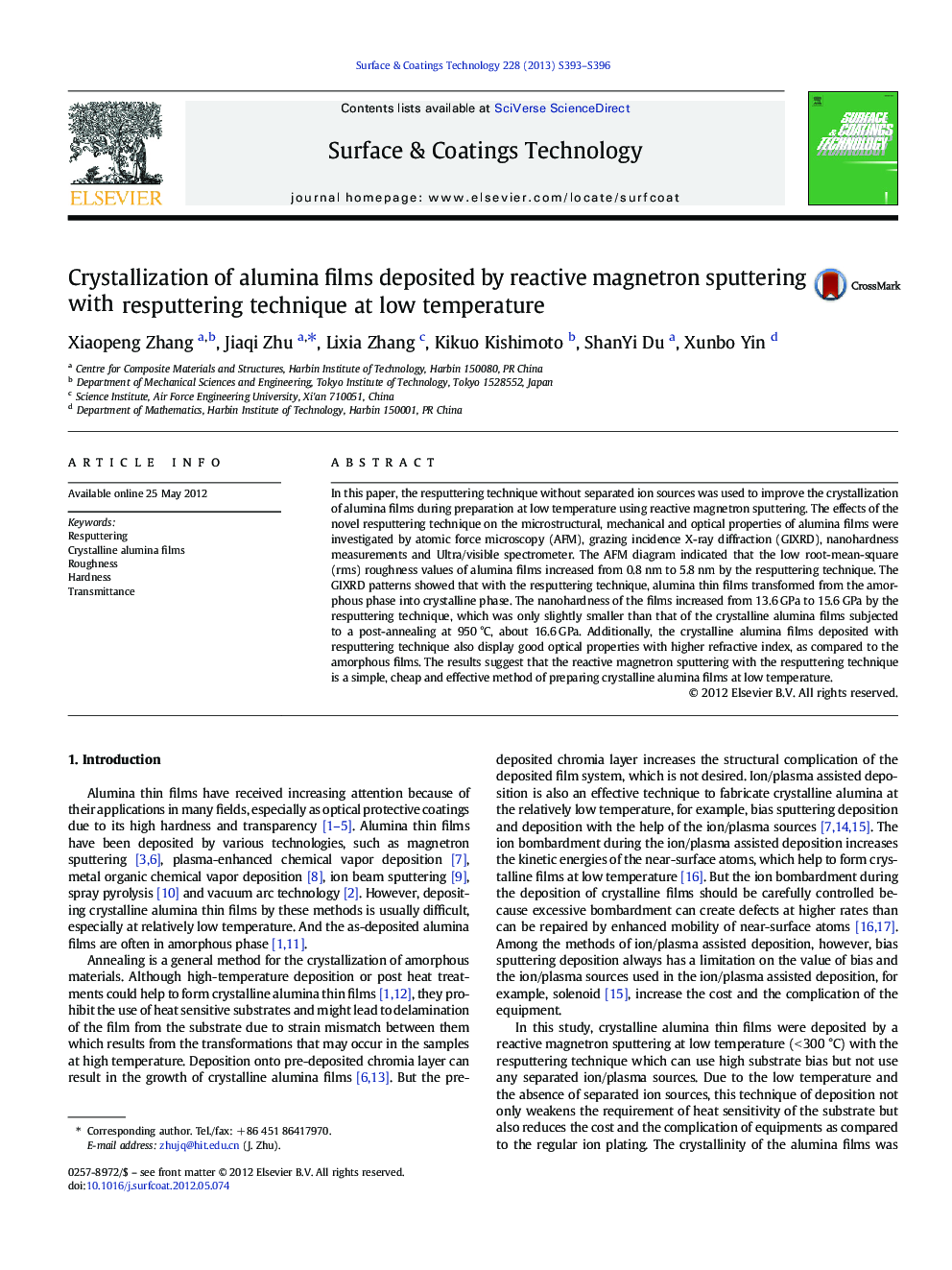 Crystallization of alumina films deposited by reactive magnetron sputtering with resputtering technique at low temperature