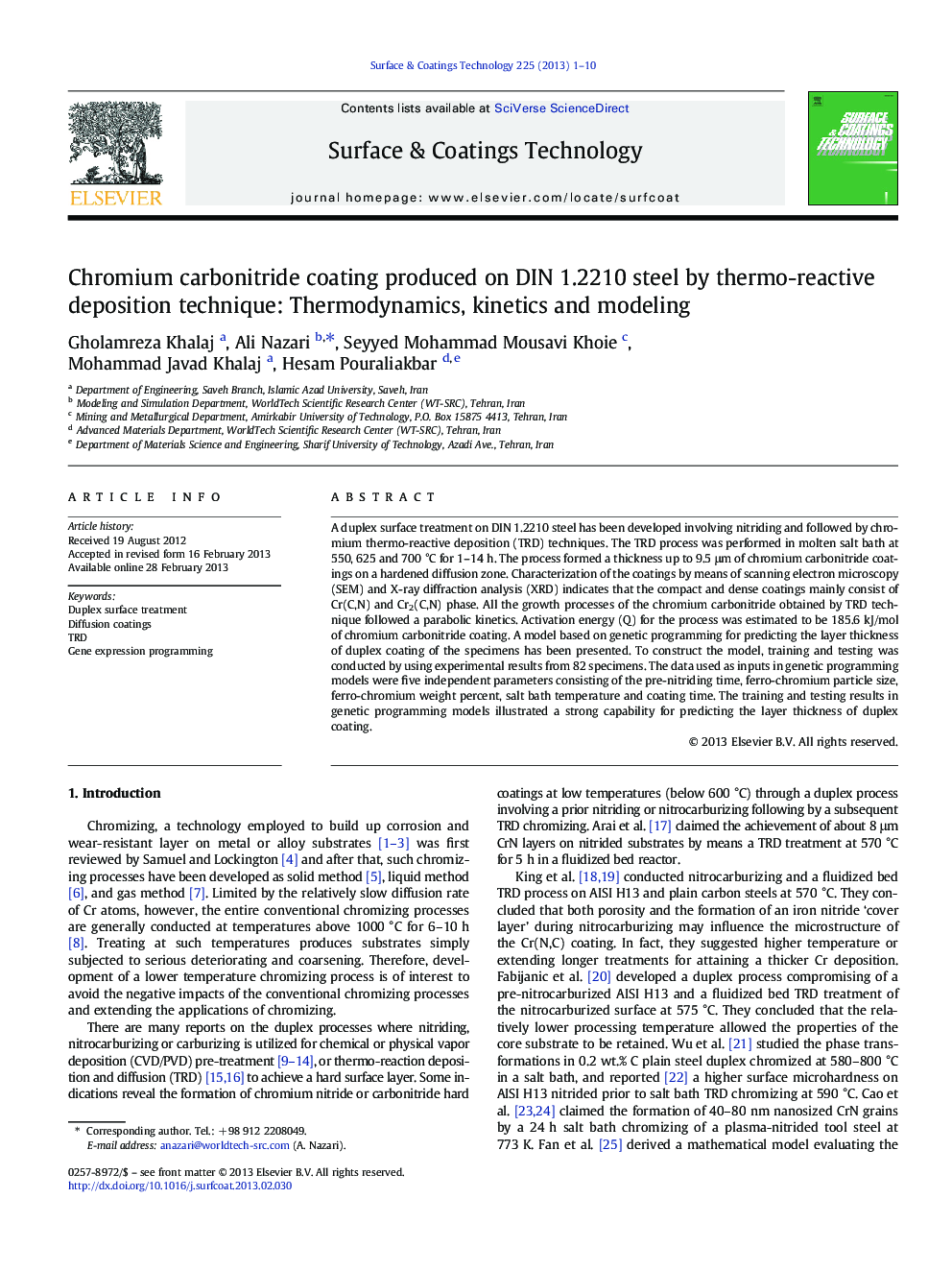 Chromium carbonitride coating produced on DIN 1.2210 steel by thermo-reactive deposition technique: Thermodynamics, kinetics and modeling