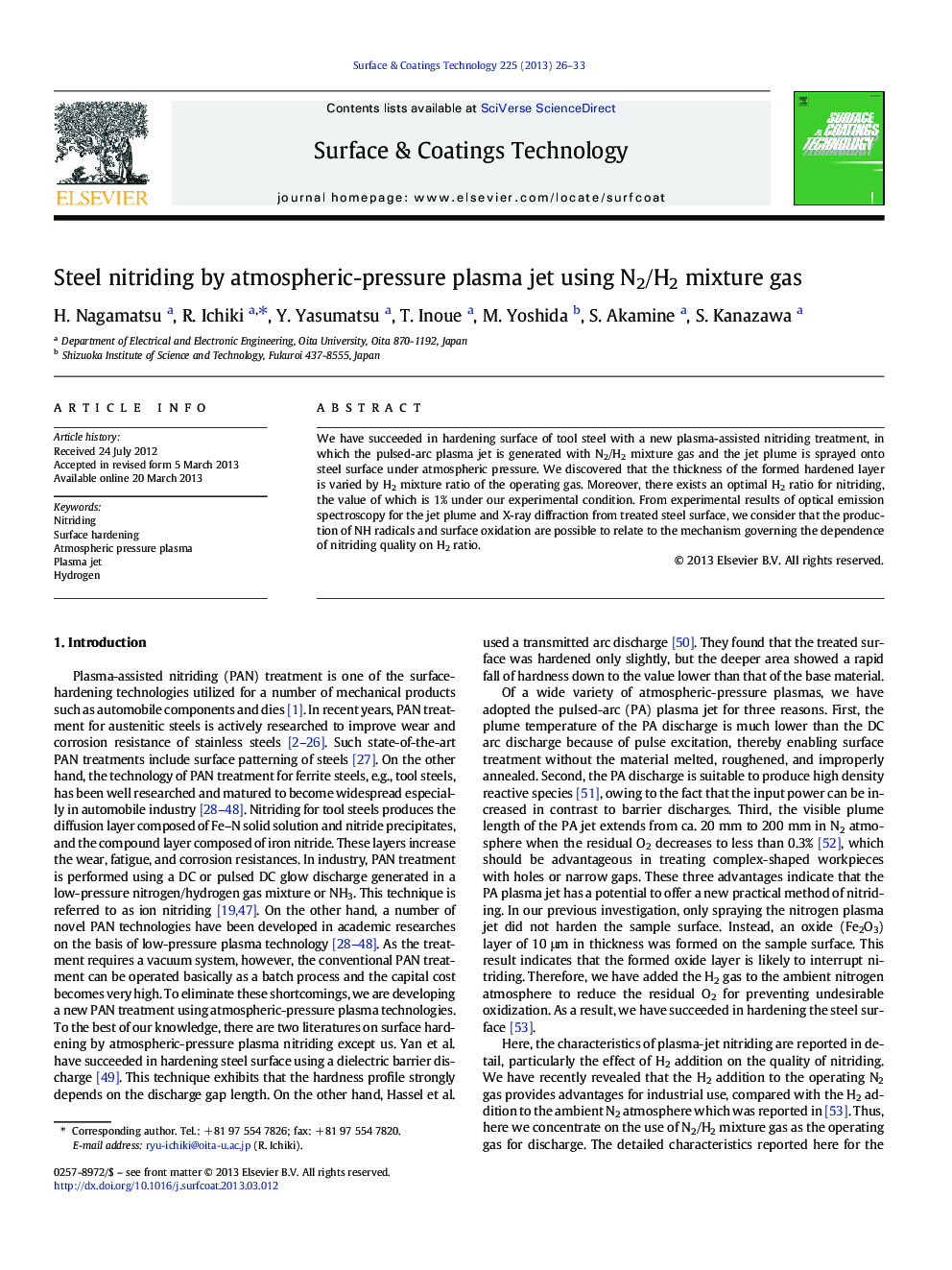 Steel nitriding by atmospheric-pressure plasma jet using N2/H2 mixture gas