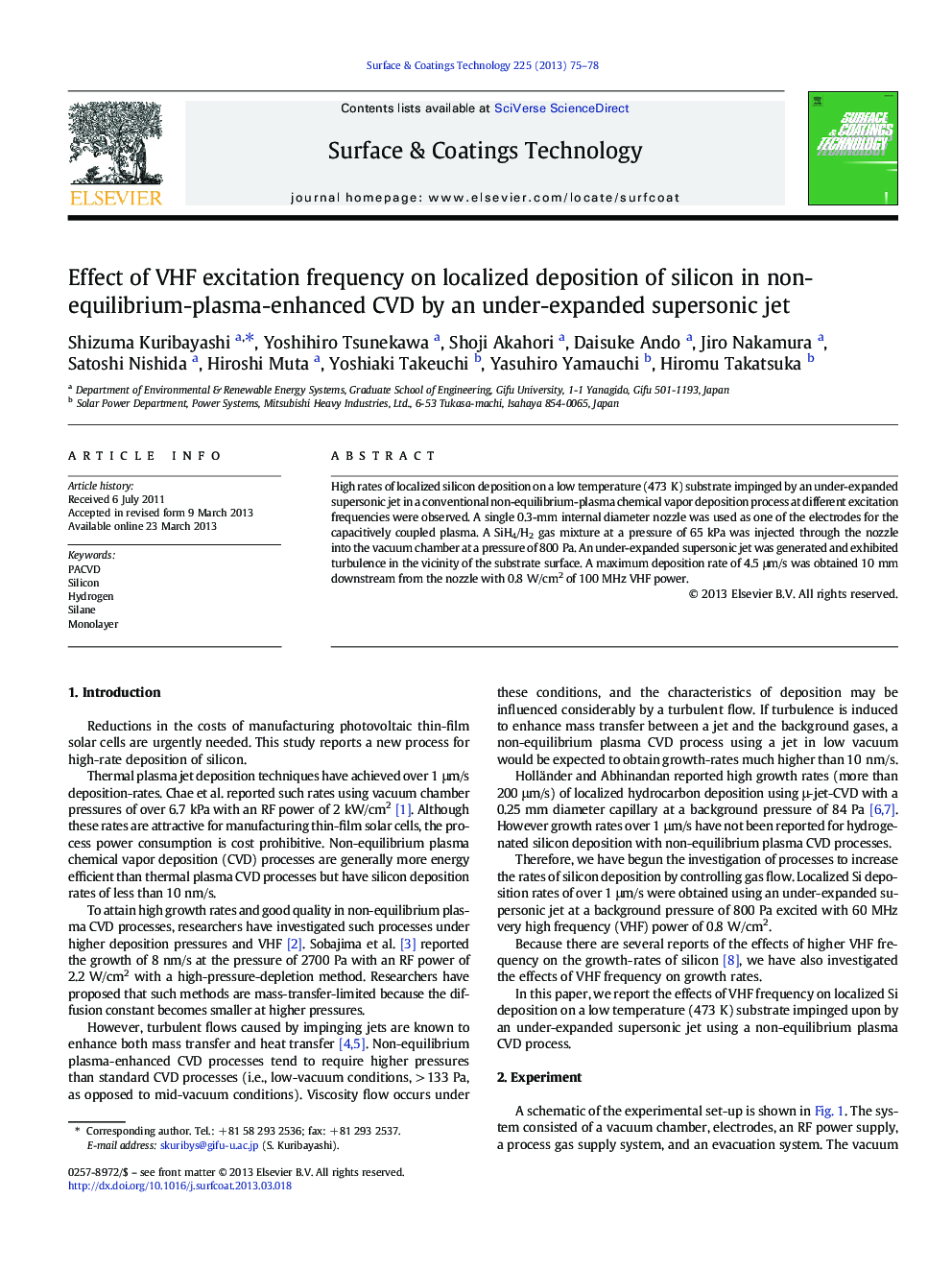 Effect of VHF excitation frequency on localized deposition of silicon in non-equilibrium-plasma-enhanced CVD by an under-expanded supersonic jet