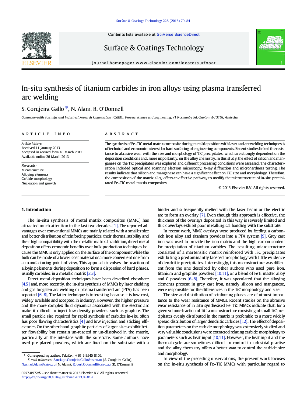 In-situ synthesis of titanium carbides in iron alloys using plasma transferred arc welding