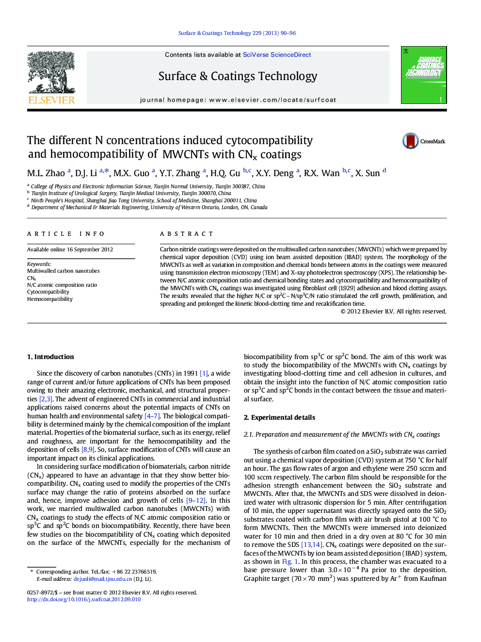 The different N concentrations induced cytocompatibility and hemocompatibility of MWCNTs with CNx coatings