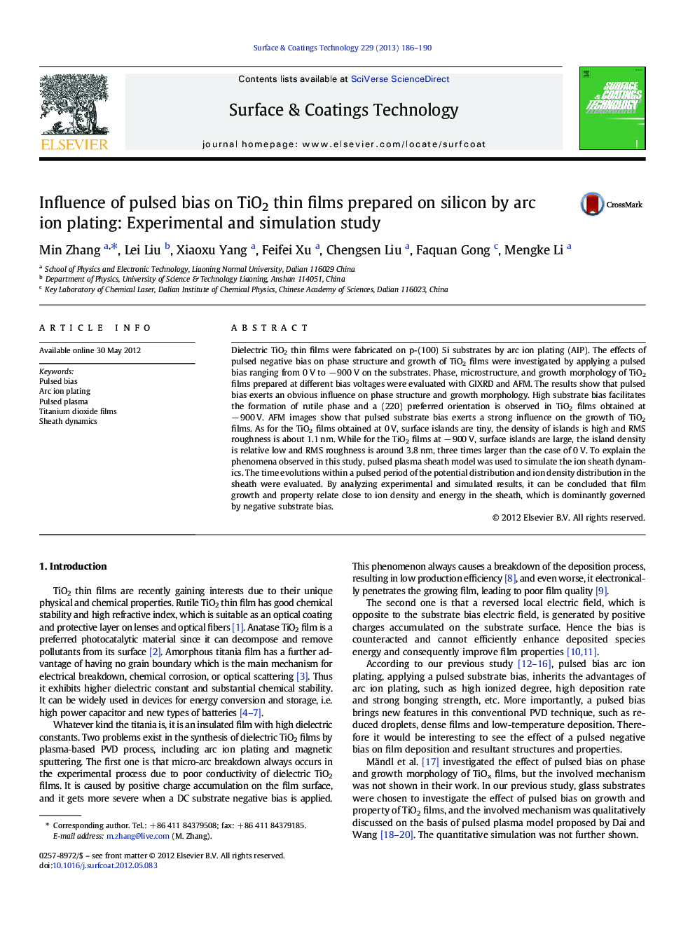 Influence of pulsed bias on TiO2 thin films prepared on silicon by arc ion plating: Experimental and simulation study