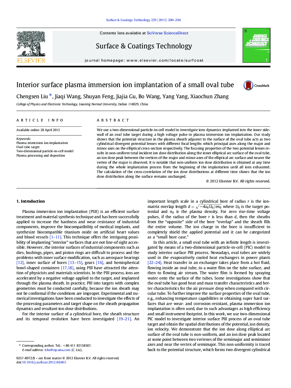 Interior surface plasma immersion ion implantation of a small oval tube