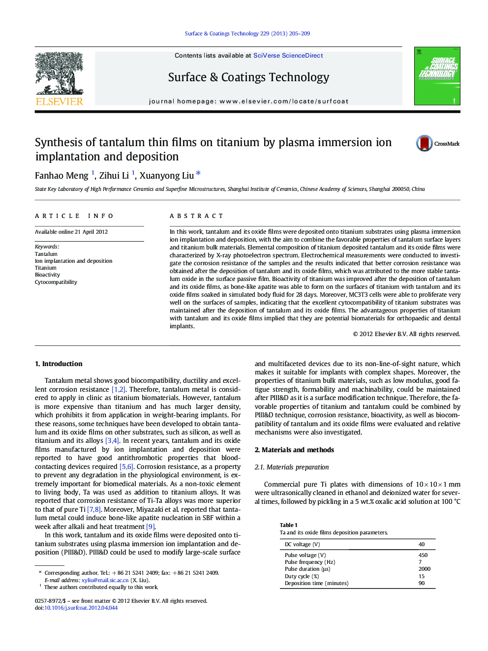 Synthesis of tantalum thin films on titanium by plasma immersion ion implantation and deposition