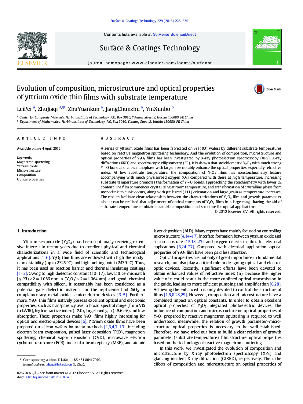 عکس صفحه اول مقاله: Evolution of composition, microstructure and optical properties of yttrium oxide thin films with substrate temperature Evolution of composition, microstructure and optical properties of yttrium oxide thin films with substrate temperature
