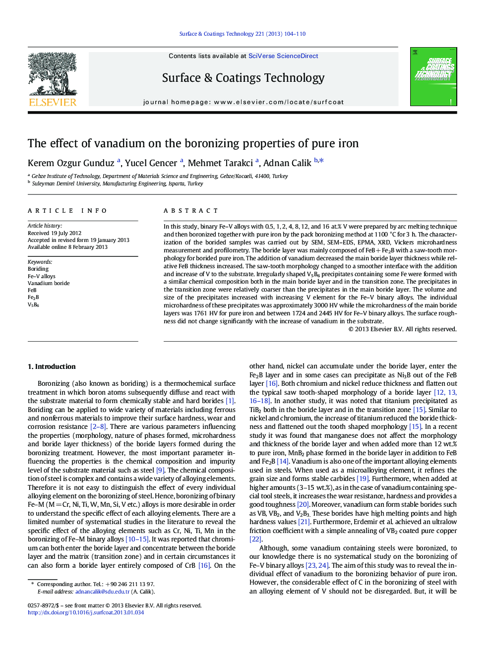 The effect of vanadium on the boronizing properties of pure iron