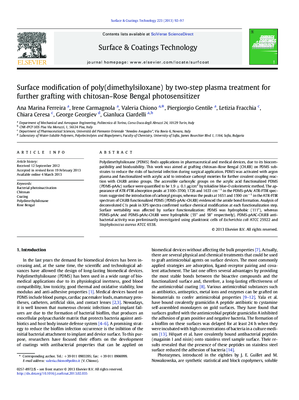 Surface modification of poly(dimethylsiloxane) by two-step plasma treatment for further grafting with chitosan–Rose Bengal photosensitizer