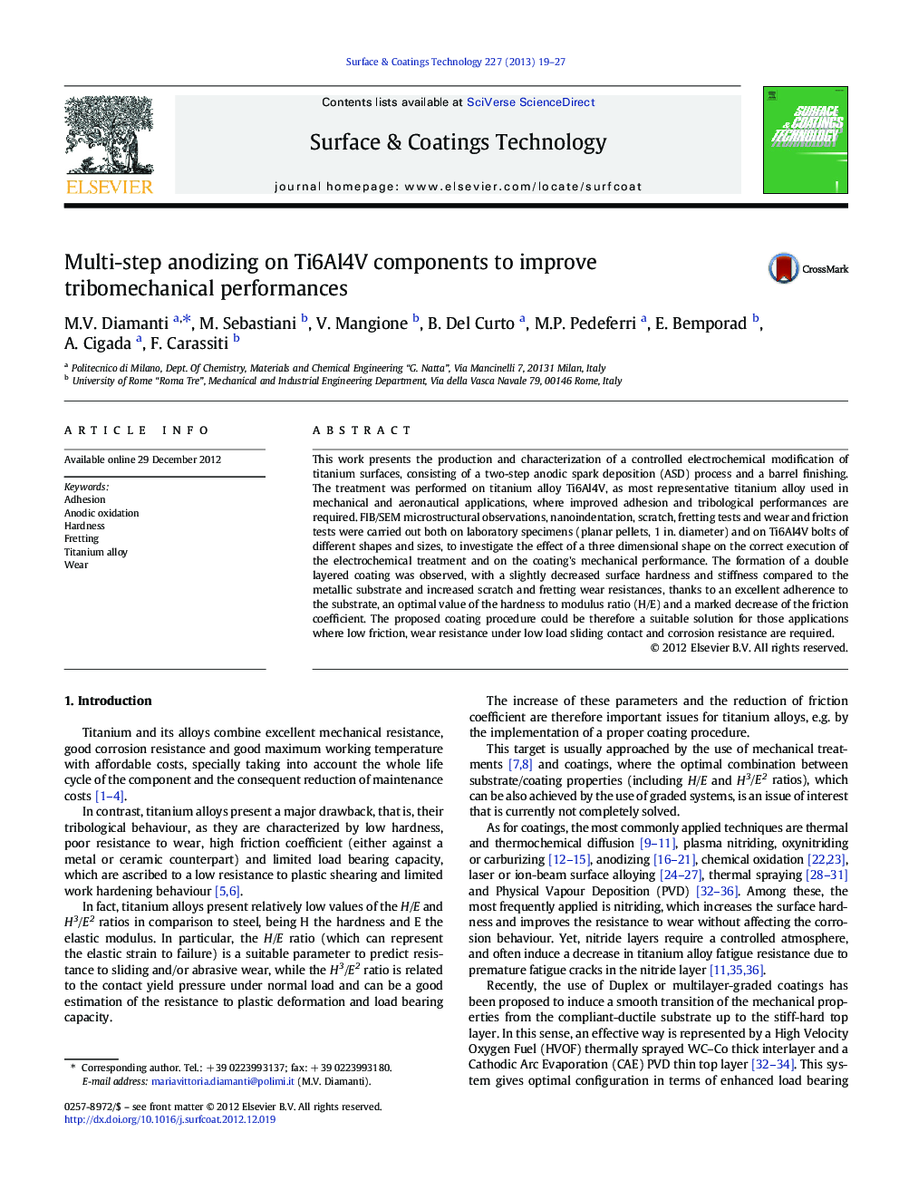 Multi-step anodizing on Ti6Al4V components to improve tribomechanical performances