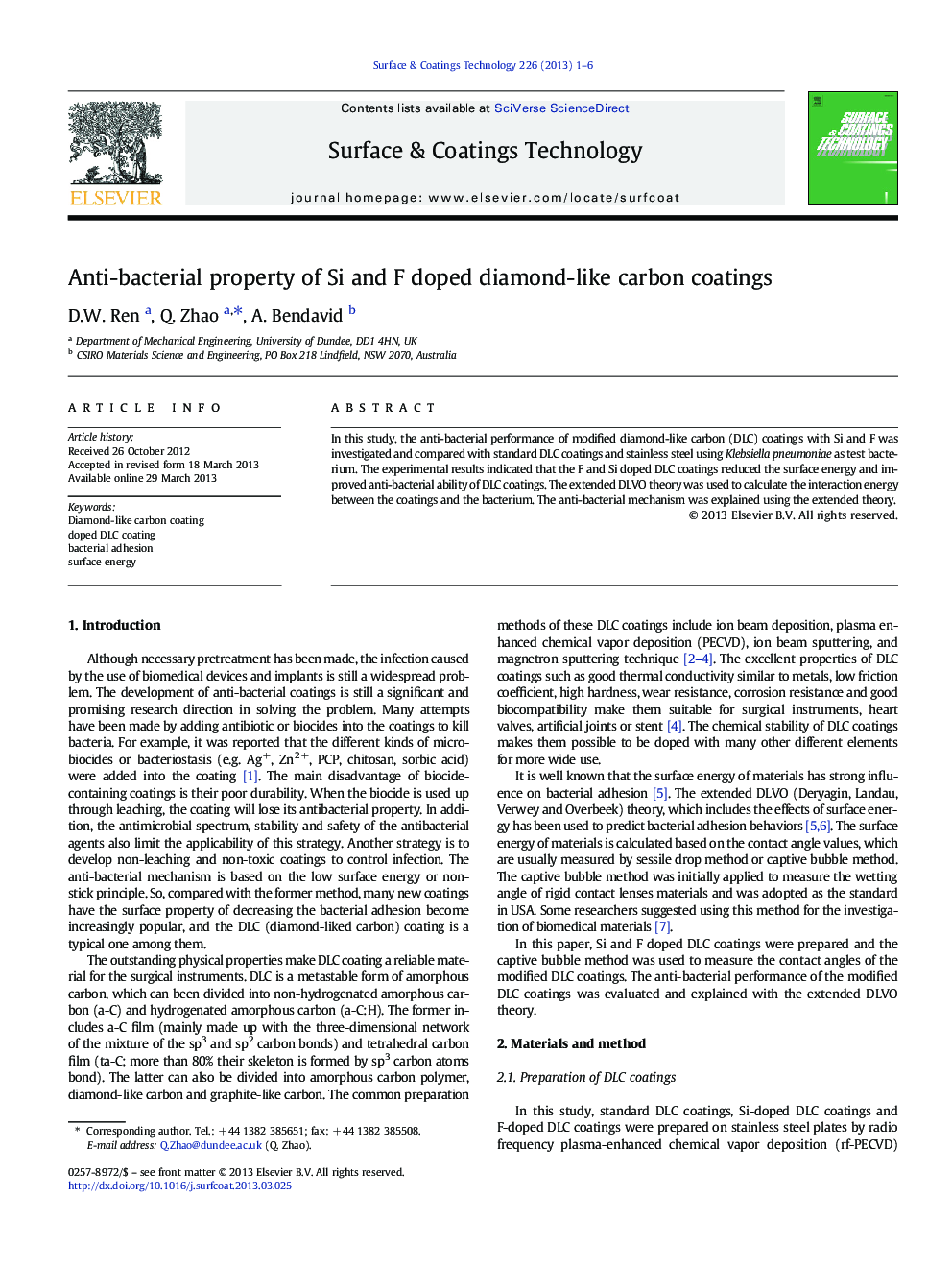 Anti-bacterial property of Si and F doped diamond-like carbon coatings