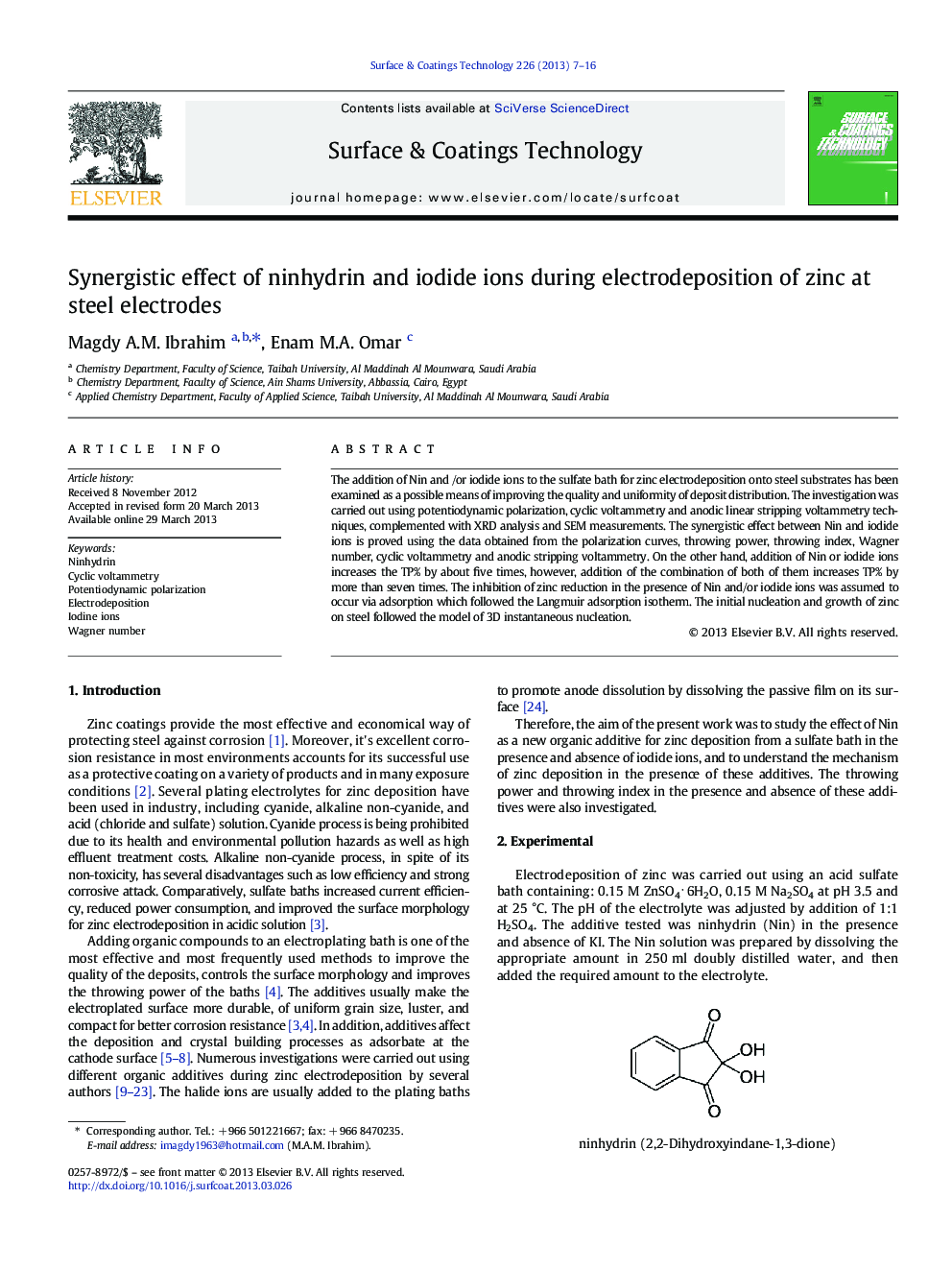 Synergistic effect of ninhydrin and iodide ions during electrodeposition of zinc at steel electrodes